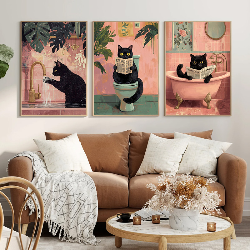 Resin Art Wallpaper - Lustiges Schwarzes Katzen-Badezimmer-Diamant-Wandbild, Retro Niedliche Kätzchen-Badewanne-Toiletten-Waschbecken-Poster,