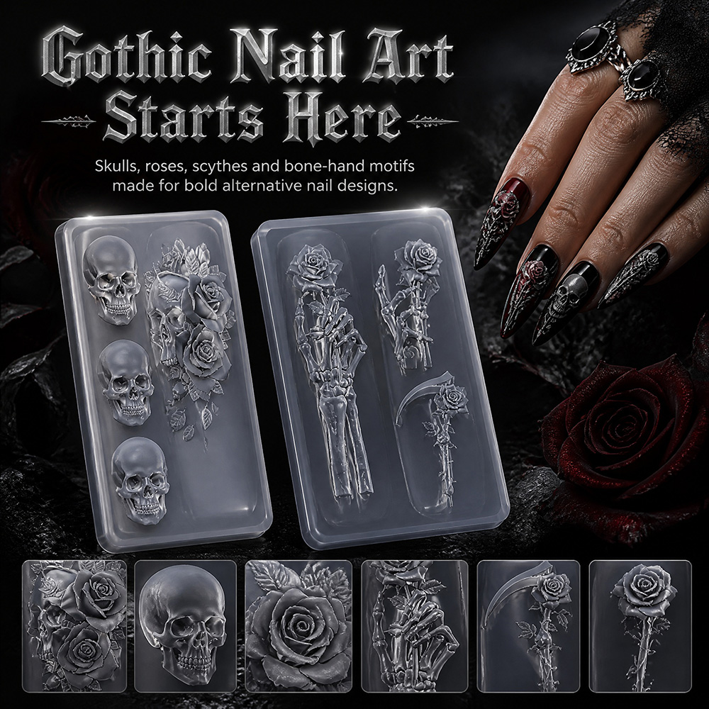 Resin Art Rose - 2-teiliges Set Dunkelrosa Totenkopf Silikon Nagelkunst-Form
