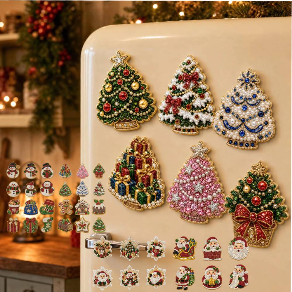 Resin Art Work - 6-teiliges Weihnachtsbaum-Perlen-Diamant-Malerei-Kühlschrankmagnet-Set, DIY-Diamant-Malerei für die Feiertagsdekoration